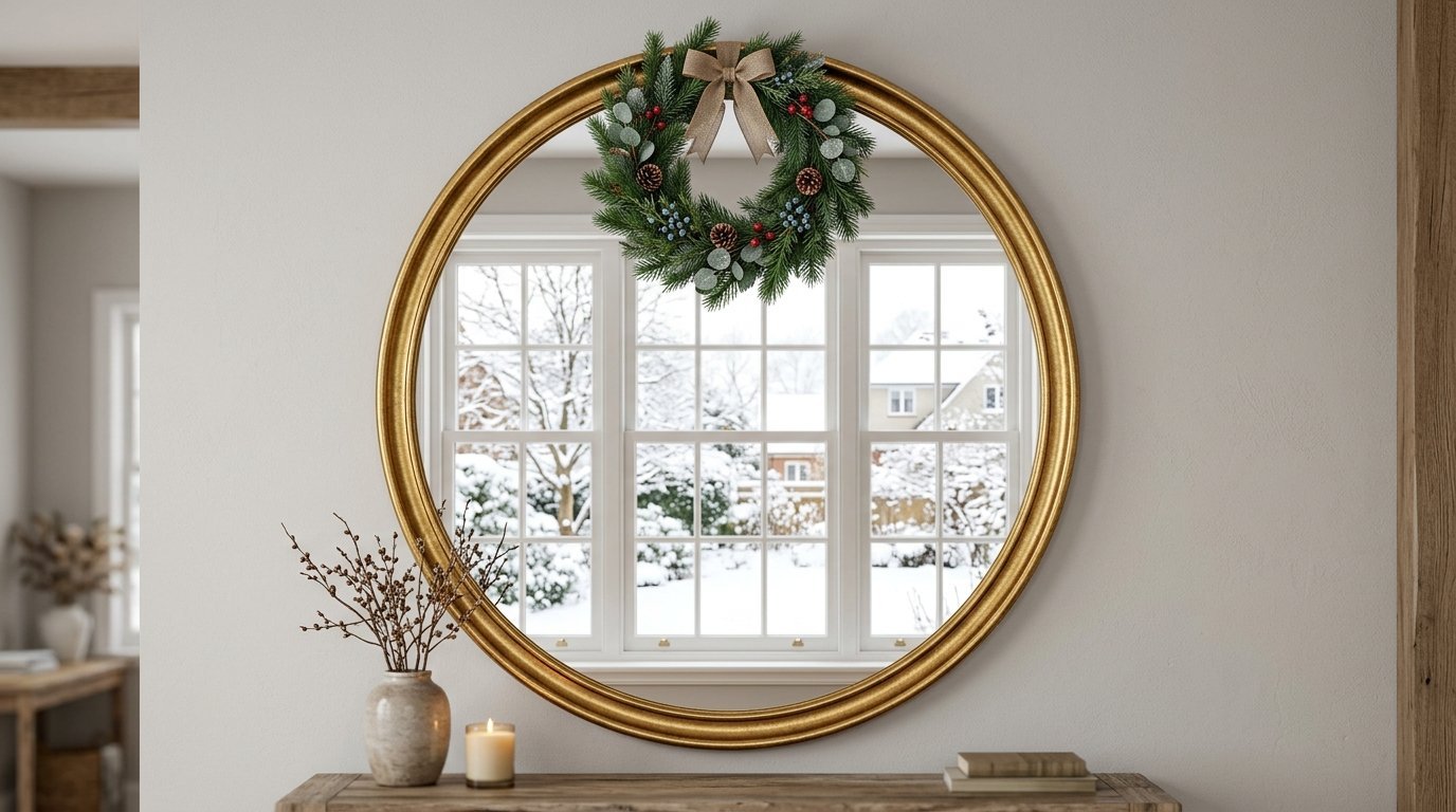 A circular mirror with a festive holiday wreath hanging on it, reflecting a snow-covered backyard scene.