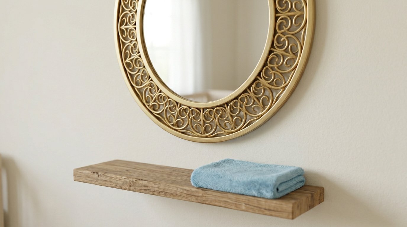 Decorative gold round wall mirror positioned over a natural wood floating shelf with a folded blue hand towel.