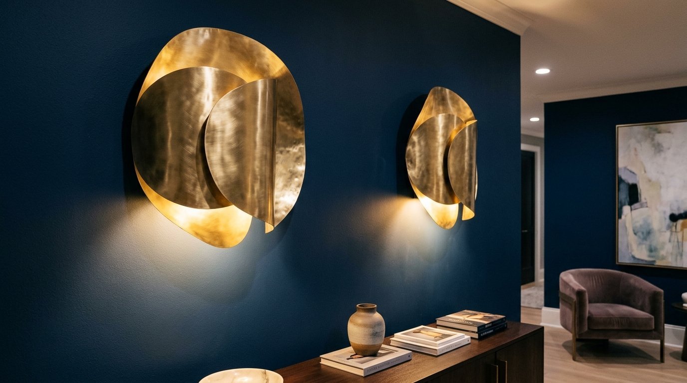 Two gold circular metal wall sconces mounted on a dark navy accent wall above a wooden console table.