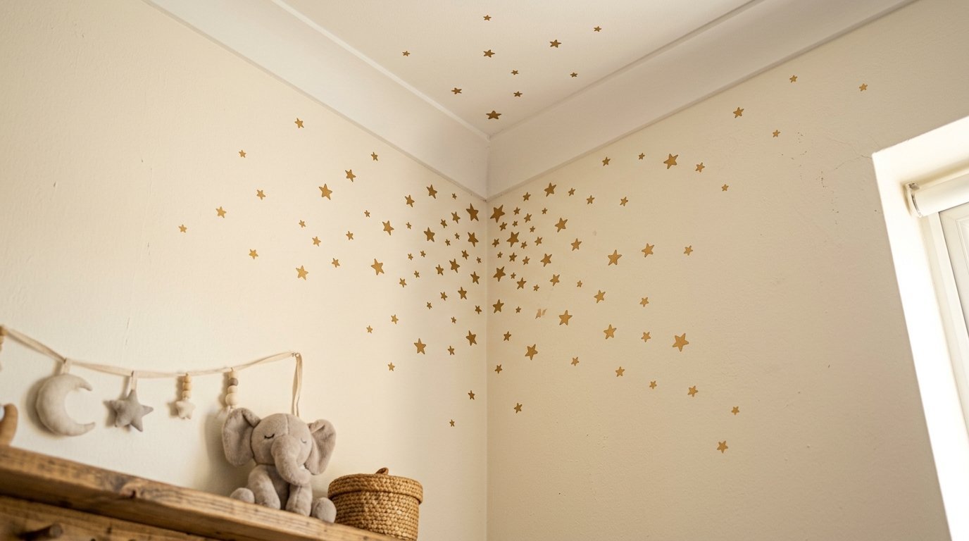 Cream walls with gold star decals placed in the corner of a child's bedroom near a shelf with an elephant toy.