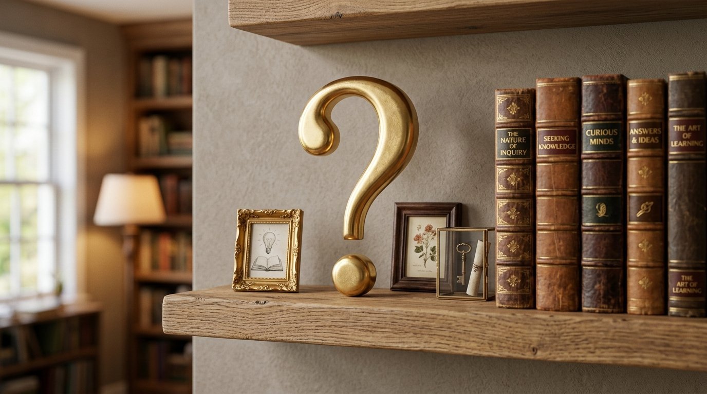 A large gold question mark sculpture sits on a shelf next to antique books and framed artwork.