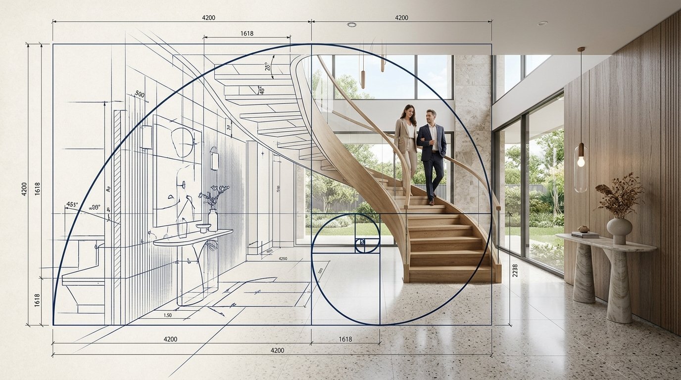 A couple walking down a luxury home staircase with a blue Fibonacci golden spiral diagram overlaid on top.