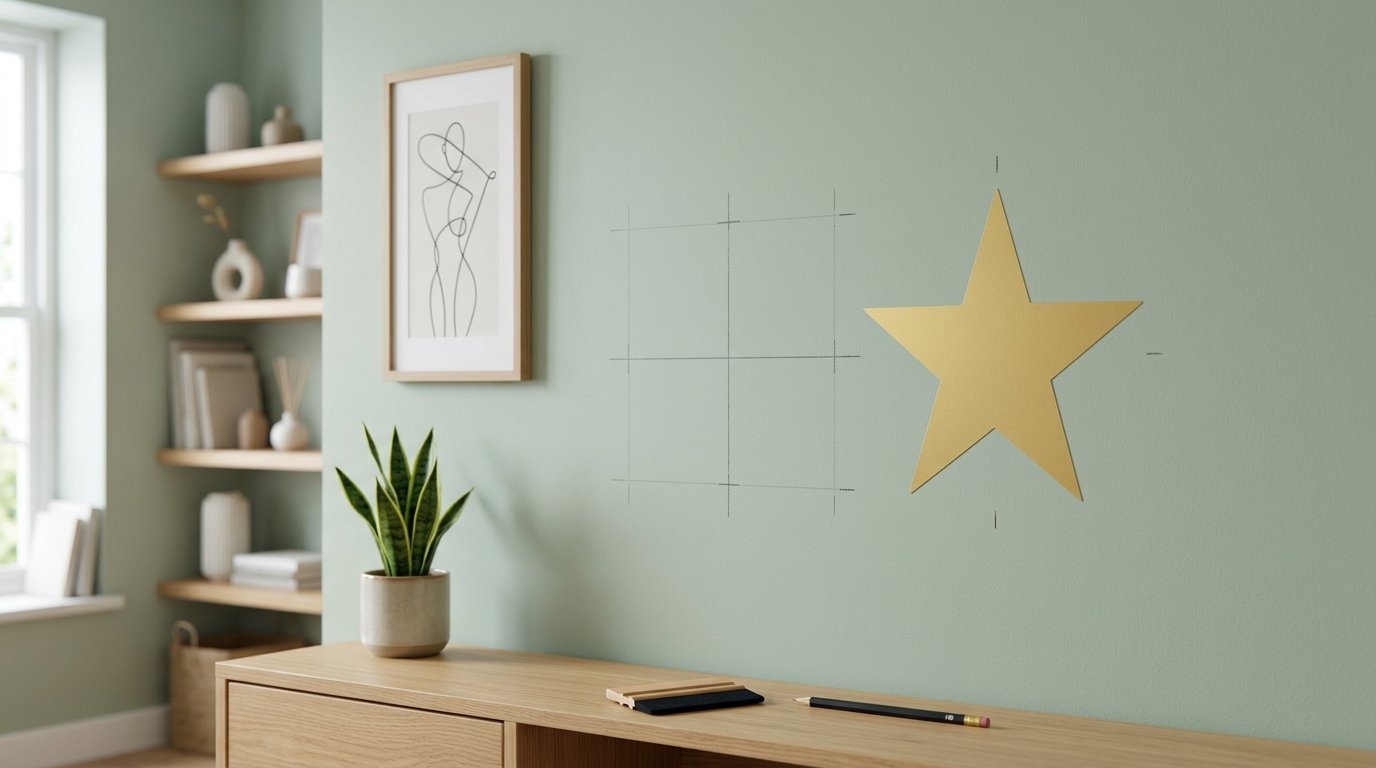 A flat gold star sticker mounted on a light green wall next to a pencil, squeegee, and framed line art.
