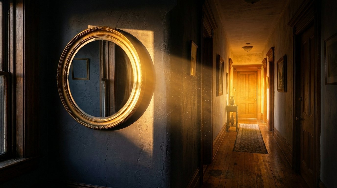 Bright light hits a circular gold-framed mirror on a dark blue wall in a vintage wooden corridor.