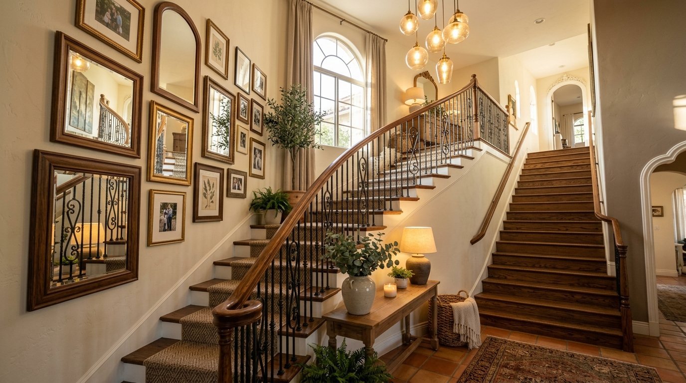 A home entryway showing a carpeted wooden staircase, a wall filled with various framed pictures, and a side table.