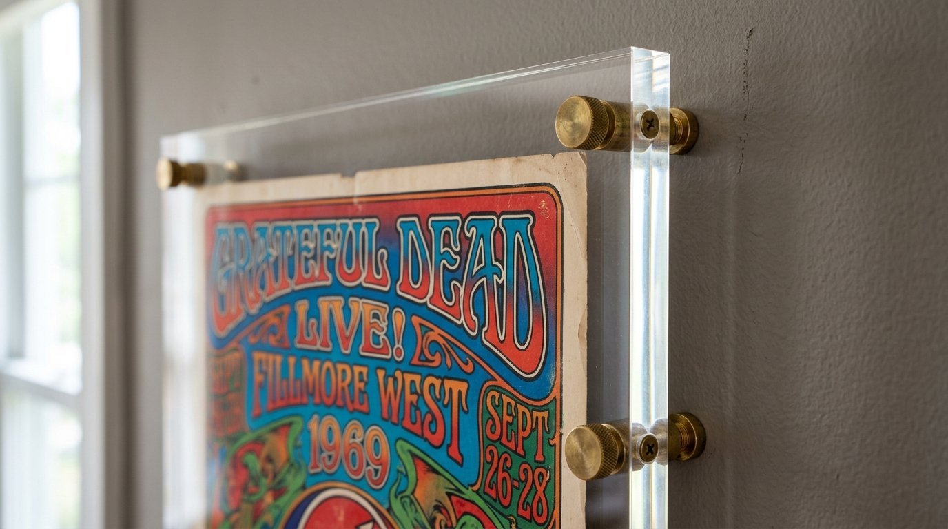 Close-up side view of a 1969 psychedelic band poster mounted between two acrylic sheets with brass hardware.