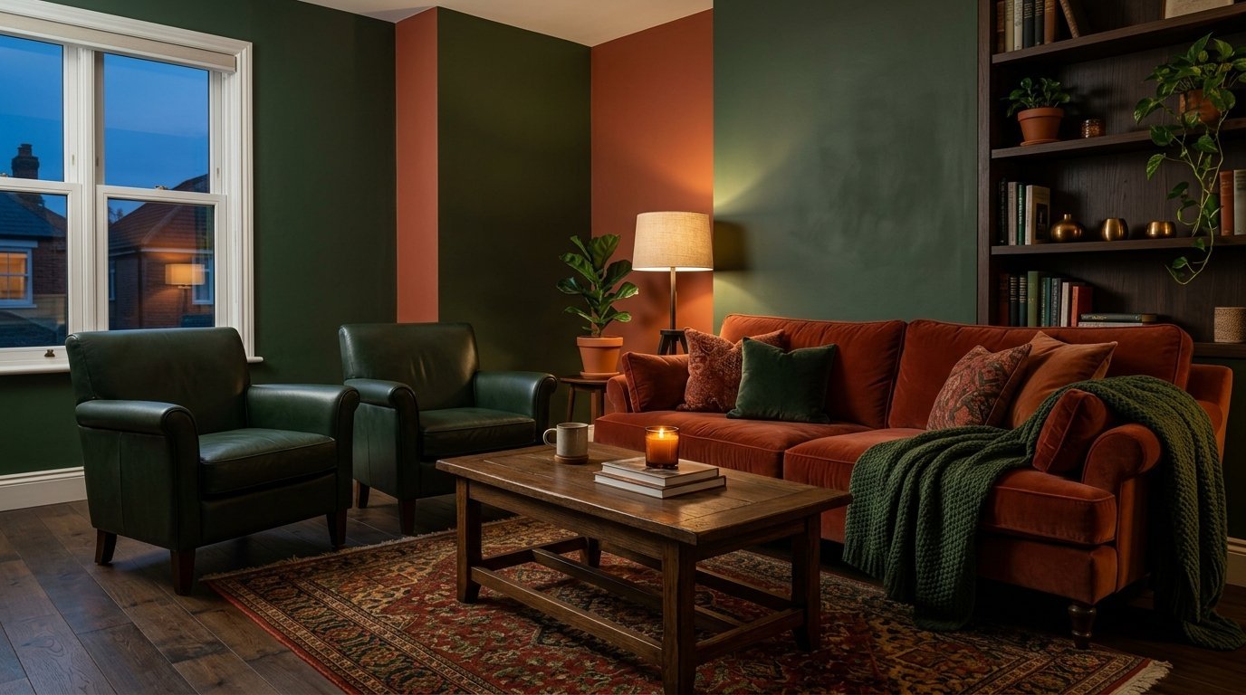 A rustic living room with dark green walls, a terracotta sofa, and two dark green leather chairs on a patterned rug.