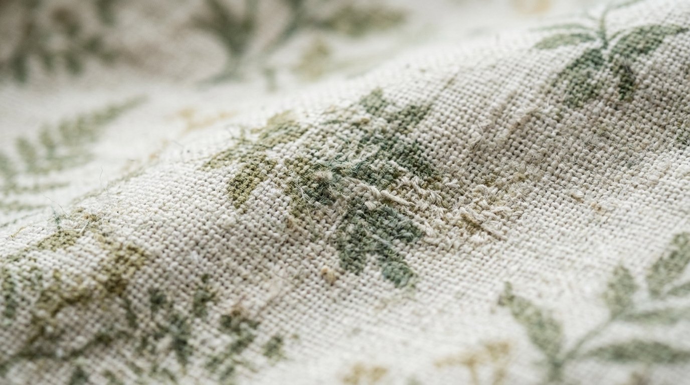 Detailed view of woven beige fabric with an embroidered green fern leaf motif.
