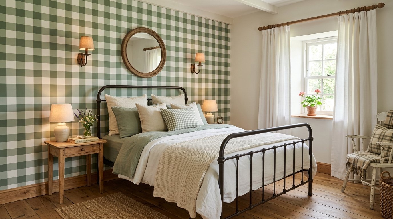 A farmhouse bedroom featuring a green and white checkered wall, black metal bed, and white linen curtains.