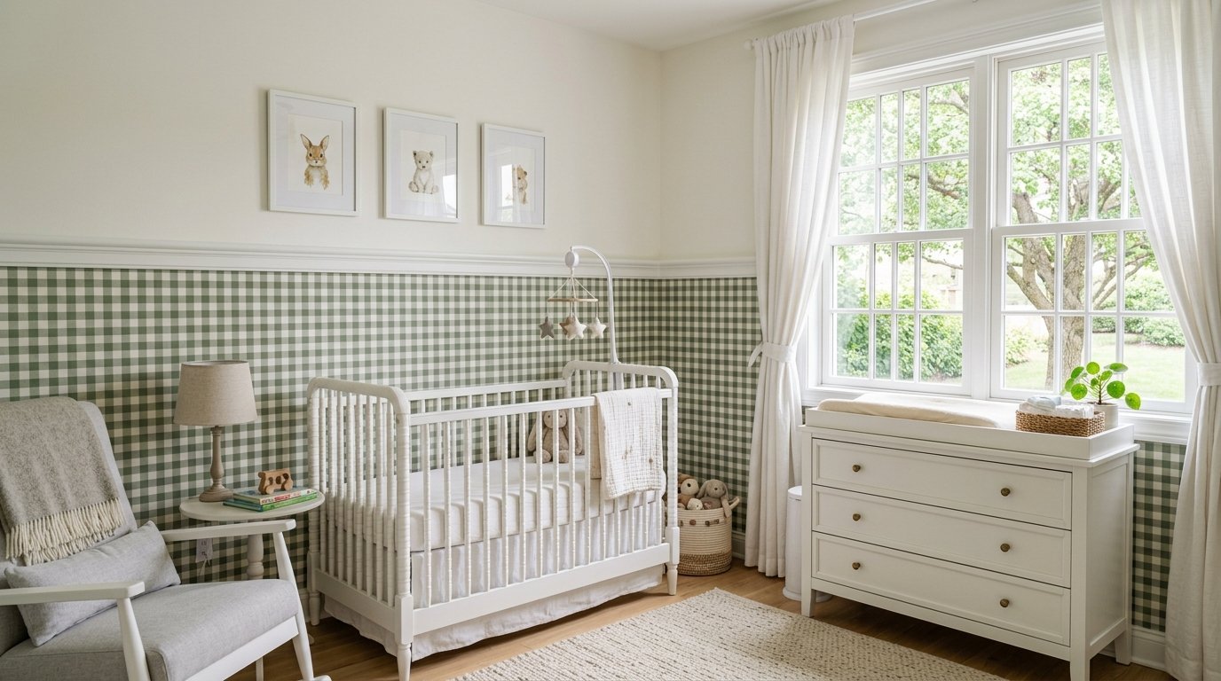 A baby nursery with sage green gingham walls, a white wooden crib, rocking chair, and a dresser under a window.