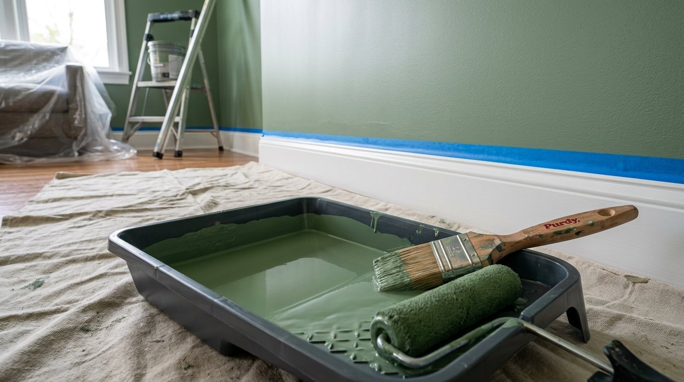 Close up of a black plastic paint tray filled with green interior wall paint, featuring a roller and a wood-handled brush.