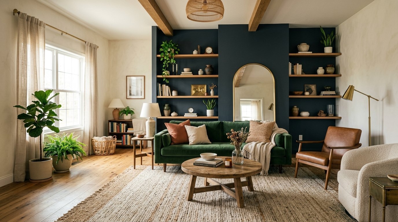 An elegant living area with a dark navy accent wall, wooden shelves, and a velvet green couch on a textured rug.