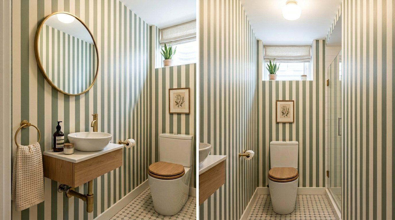 A narrow bathroom with vertical green and white striped wallpaper, a vessel sink, and a toilet with a wooden seat.