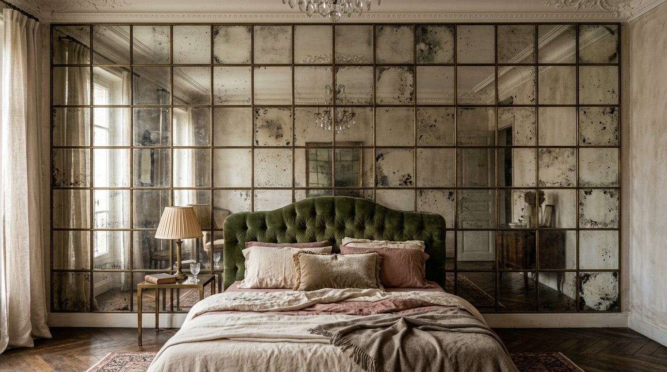 A tufted green bed with tan bedding placed in front of a grid of distressed, vintage-style wall mirrors.