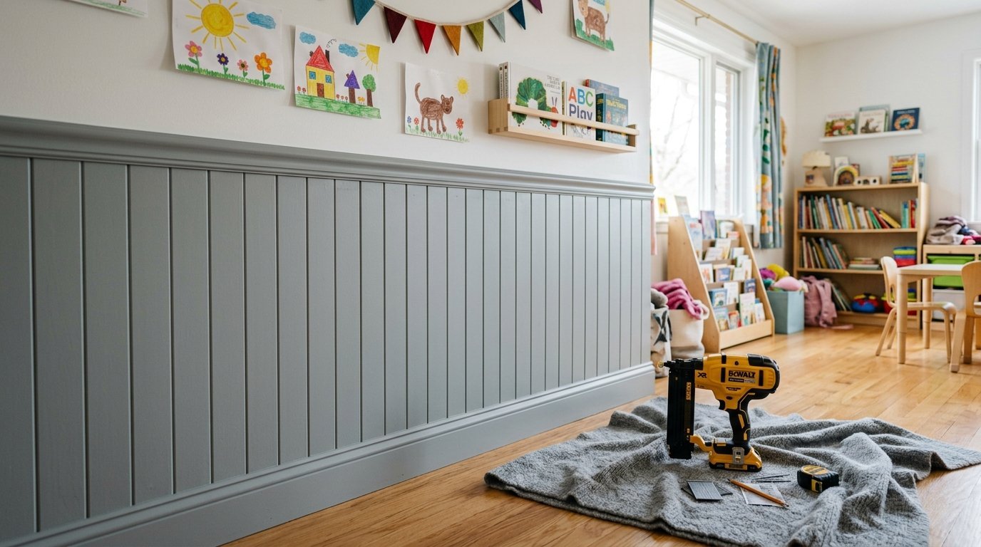 A power nailer rests on a grey blanket on the floor in front of newly installed grey vertical wood paneling.
