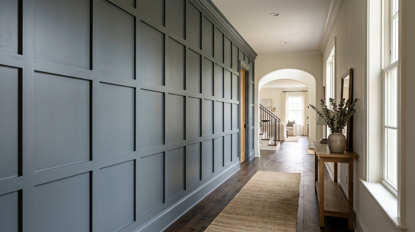 Long corridor with a dark grey wainscoting feature wall, a wood console table, and an arched entryway leading to stairs.