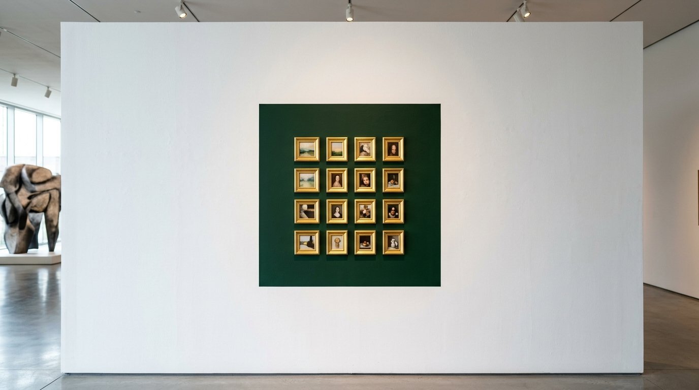 A gallery wall features a square grid of sixteen small paintings in gold frames against a dark green square background.