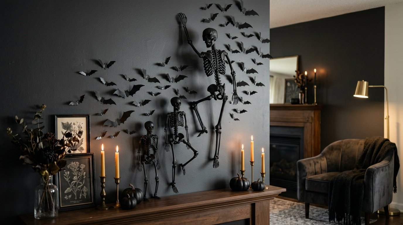 Decorative plastic skeletons climbing a black wall surrounded by paper bat cutouts and flickering candles.