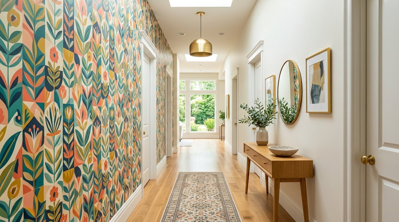 A hallway features bold geometric floral wallpaper, a wood console table, round gold mirror, and brass pendant light.