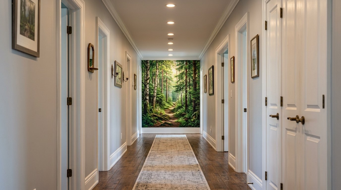 Perspective view of a corridor with wood floors, white doors, and a large woodland scene mural at the end.