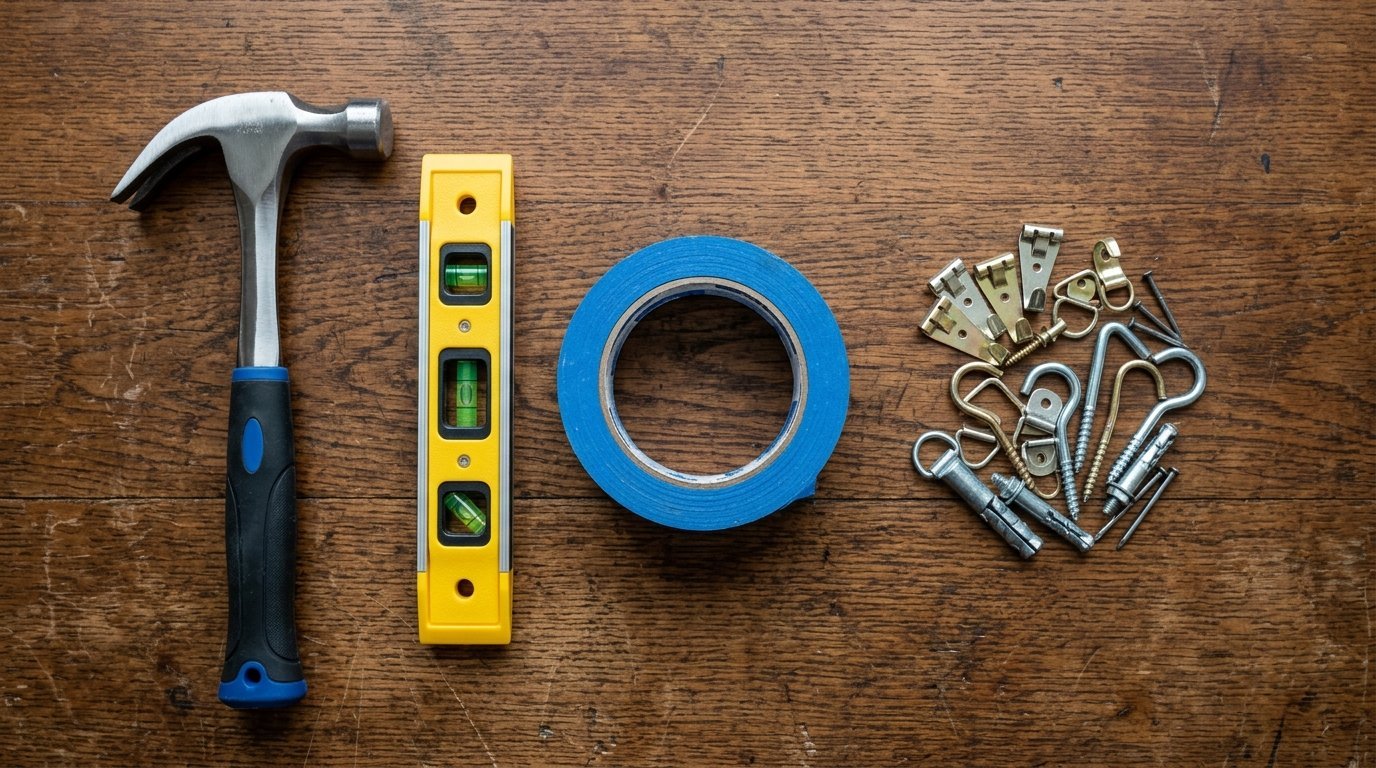 Hammer, yellow level, blue painter tape, and various metal hooks and screws on a wooden surface.