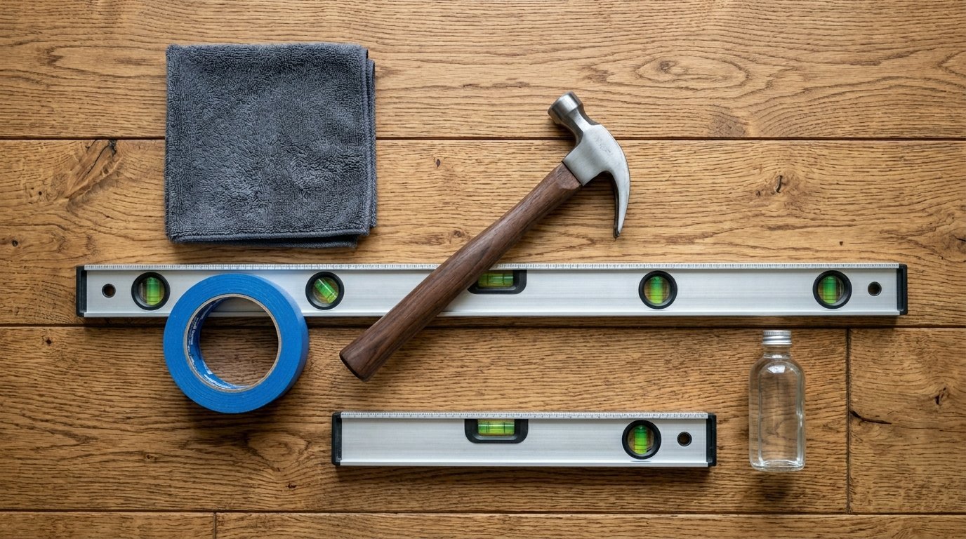 Top-down view of a wooden hammer, two spirit levels, blue masking tape, and a clear glass bottle on a wood floor.