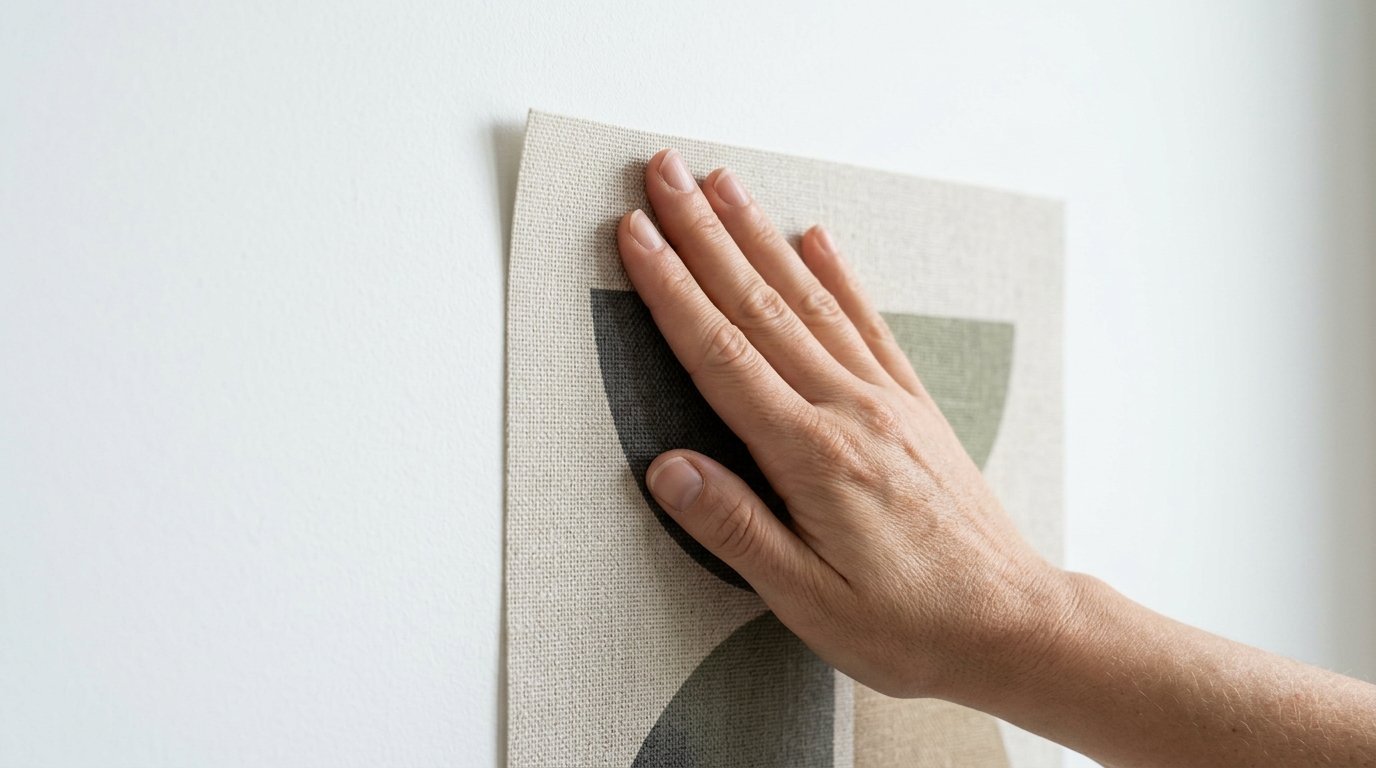 Close-up of a human hand smoothing a beige textured art print against a plain white interior wall.