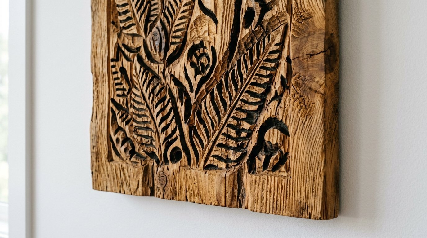 Close-up of a textured wooden panel mounted on a white wall with deep carvings of organic fern foliage.