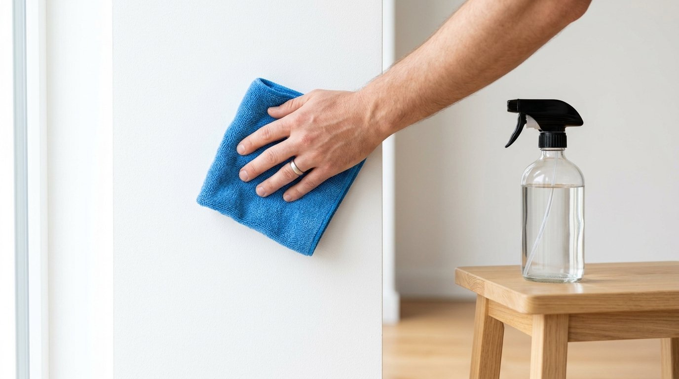 A person using a blue microfiber cloth to clean a white painted wall next to a spray bottle on a wooden stool.