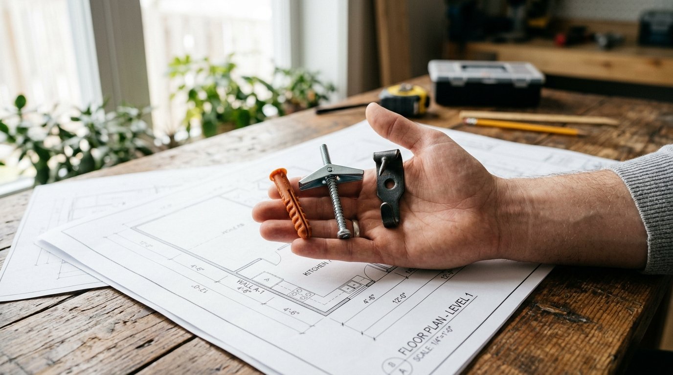 Close-up of a person holding a plastic anchor, toggle bolt, and metal hook over architectural blueprint drawings.