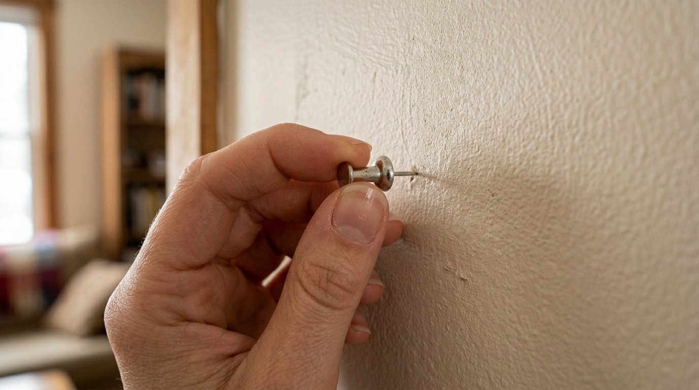 Close-up of a human hand pushing a metal thumb tack into a textured beige wall surface.