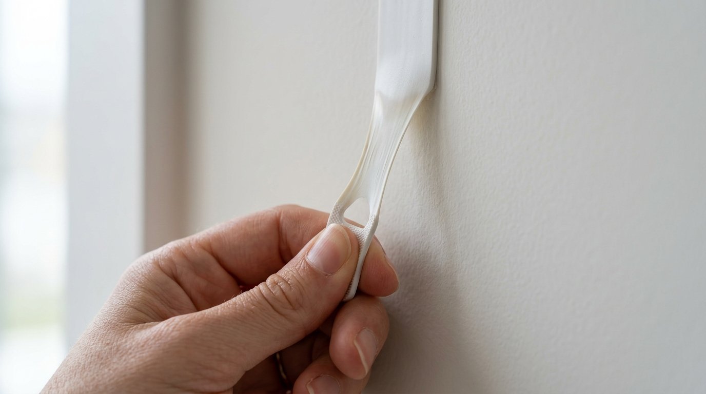 Close up of fingers pulling the stretchy tab of a command style adhesive strip off a white wall.
