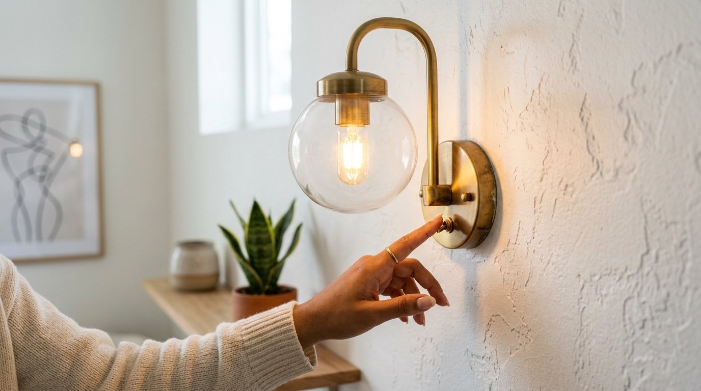 Close up of a hand flipping the toggle switch on a globe-shaped brass wall sconce in a bright room.