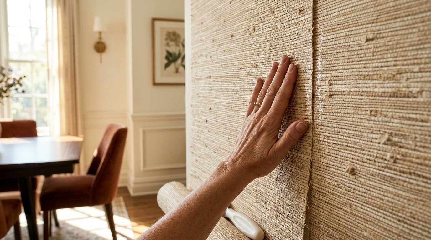 A person's hand pressing against a roll of tan woven grasscloth wallpaper during a home renovation.