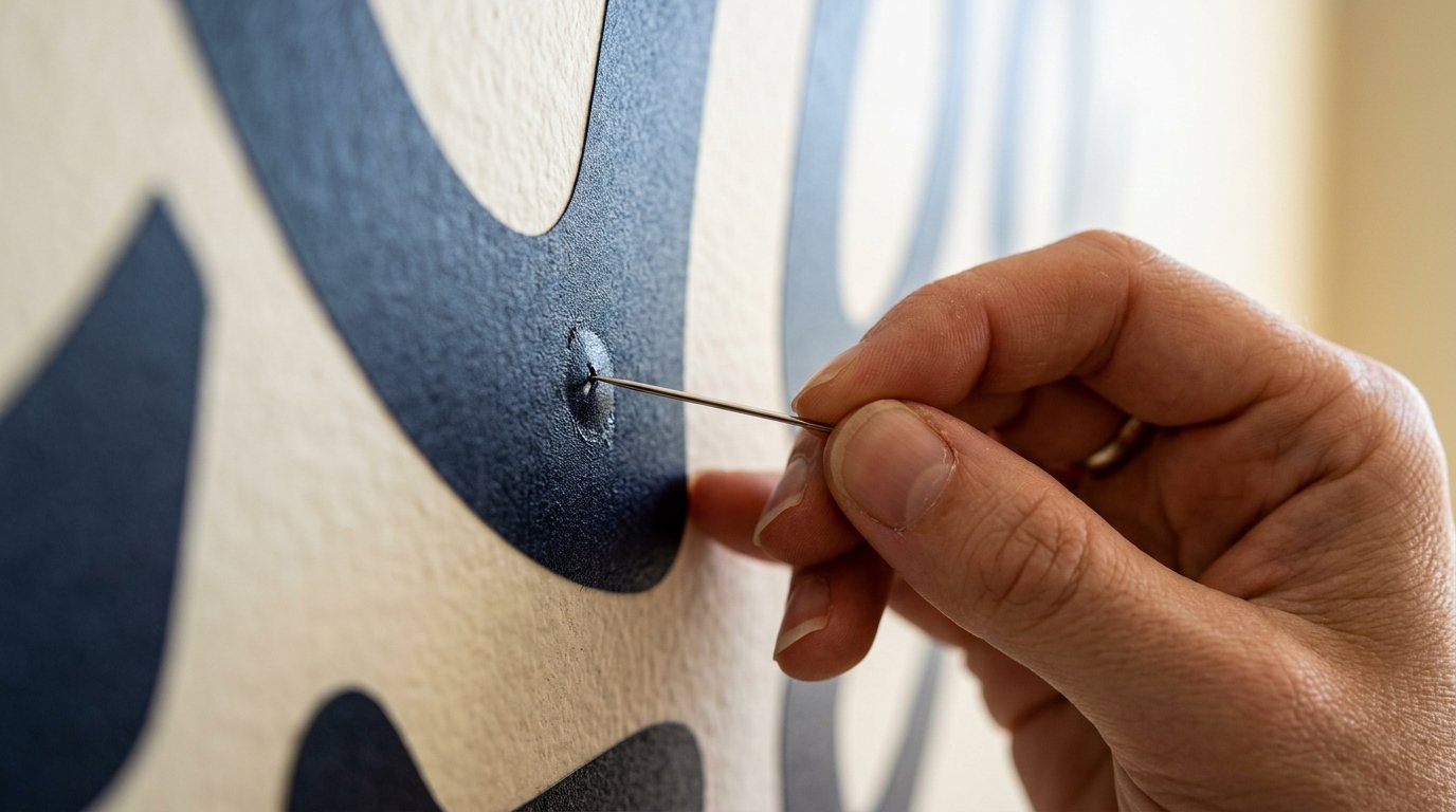 A person using a sharp sewing needle to release air trapped under a dark blue vinyl decal on a light wall.
