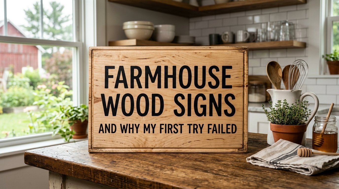 Wood sign reading Farmhouse Wood Signs And Why My First Try Failed sits on a rustic countertop in a bright kitchen.