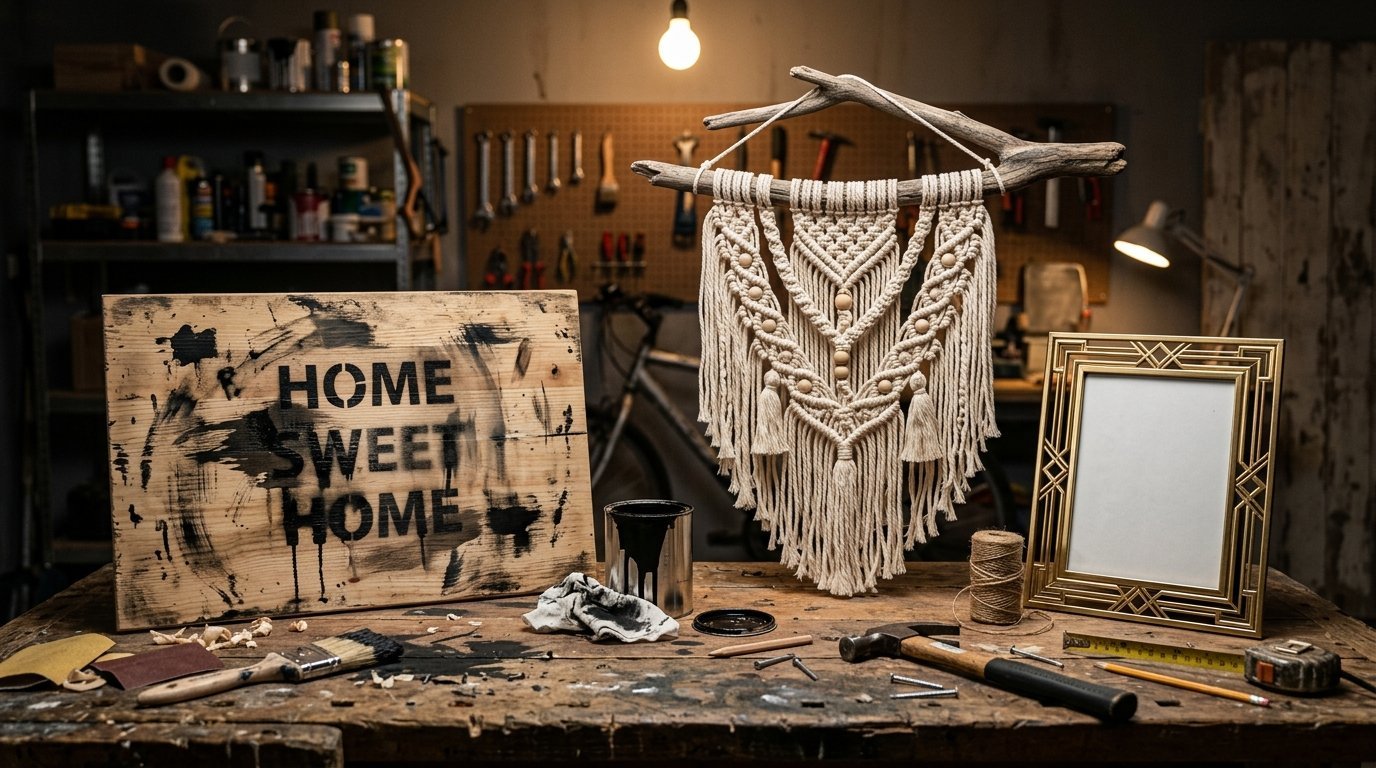 Decorative woven cotton macrame piece hanging from driftwood with a Home Sweet Home sign in a workshop.