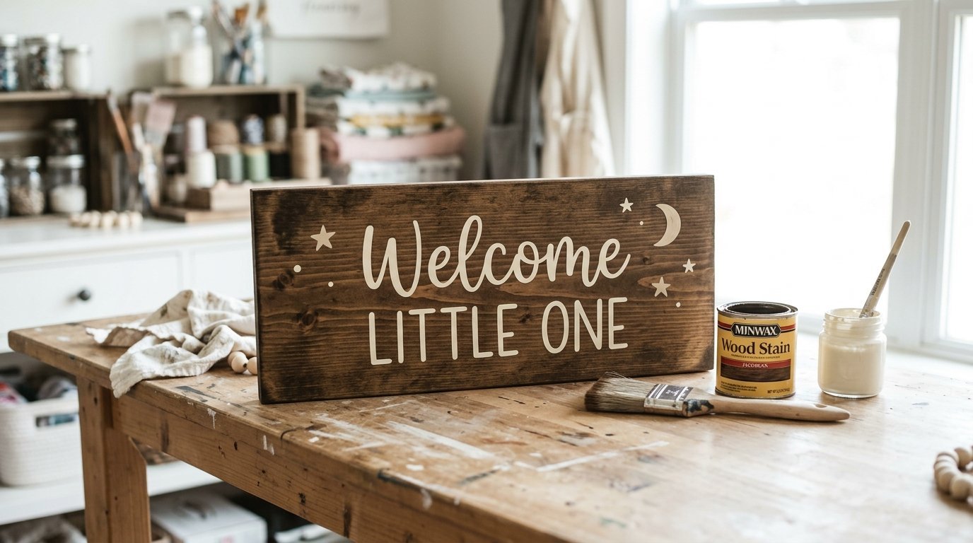 A rustic wood sign with cream lettering reading Welcome Little One sitting on a DIY workshop table.