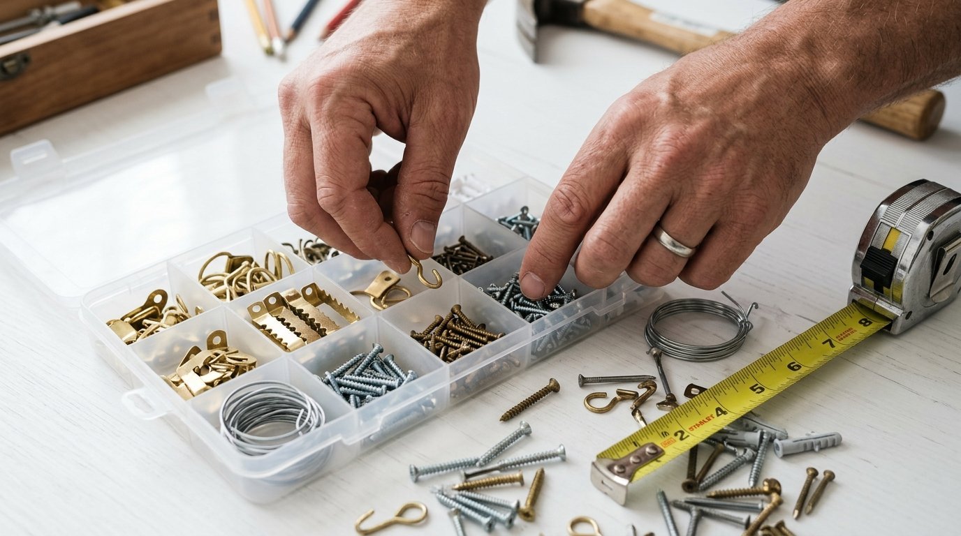 Close up of hands picking a brass hook from a clear plastic storage container filled with various fasteners.