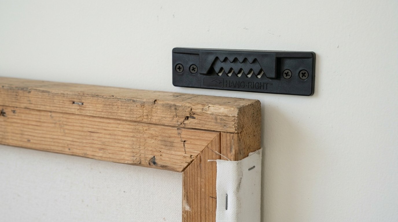 Close-up of a wall-mounted sawtooth hanging hardware bracket positioned above a wooden canvas frame.