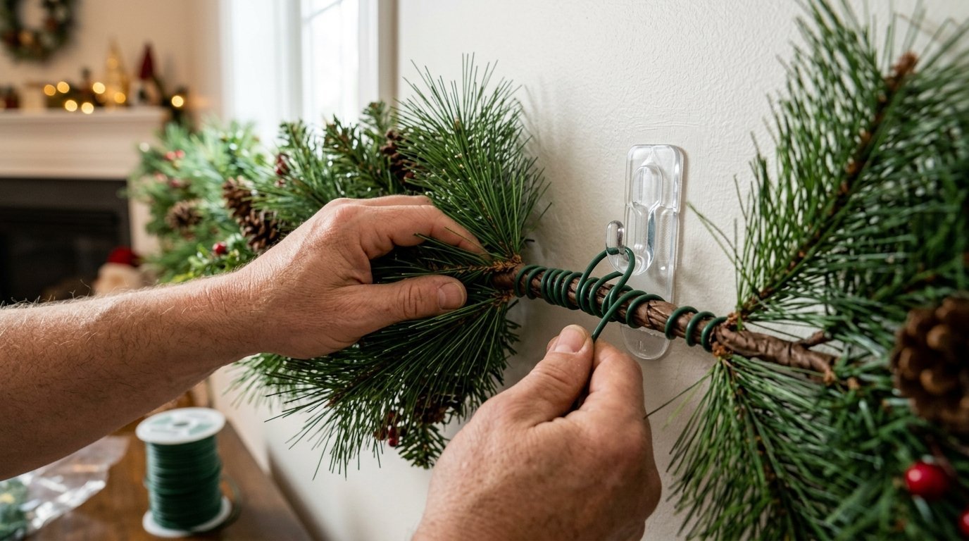 Person wrapping green floral wire around a pine garland stem attached to a plastic adhesive hook on a white wall.