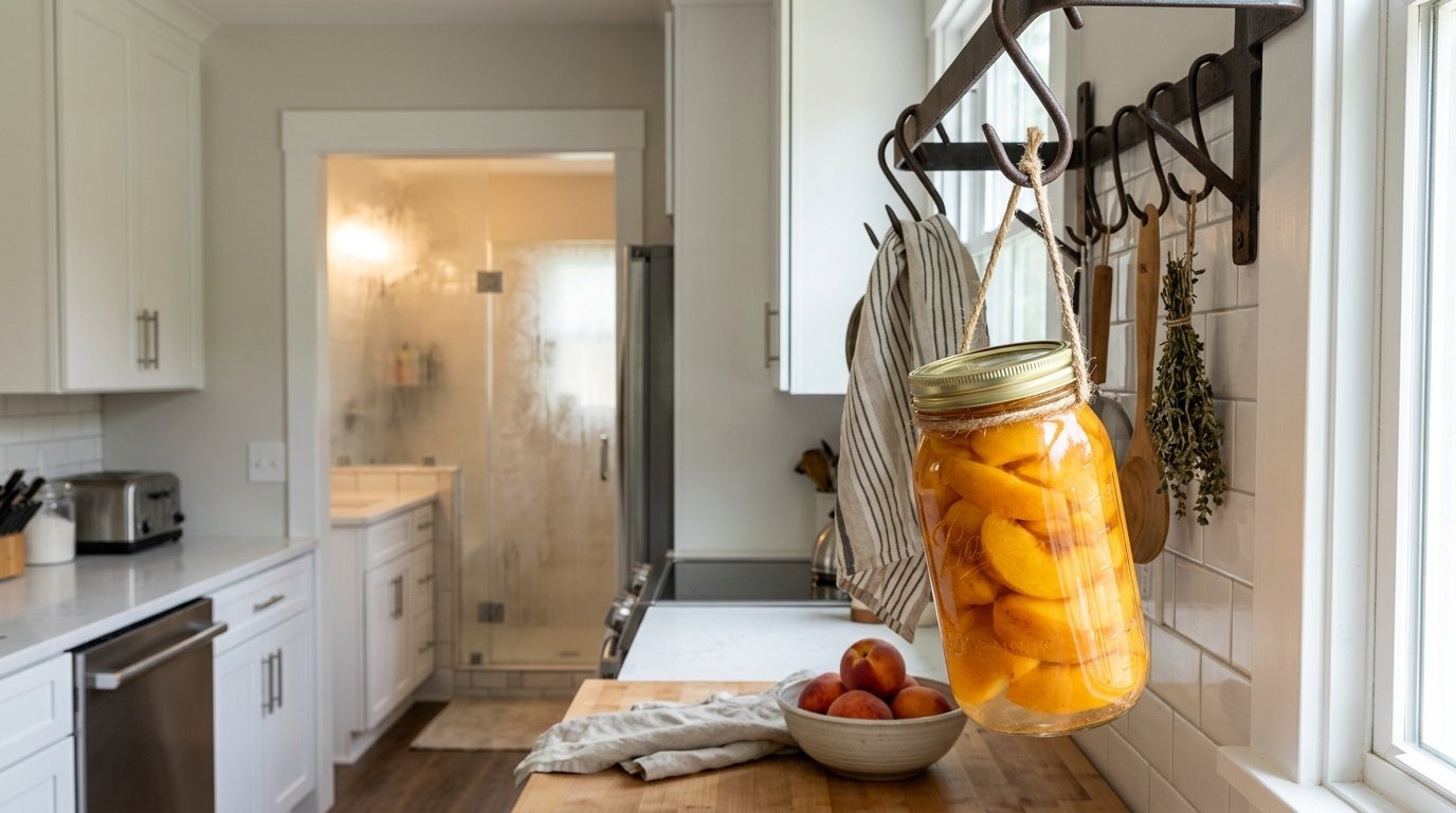 Canned peach slices in a glass mason jar suspended from a metal kitchen rack above a butcher block counter.