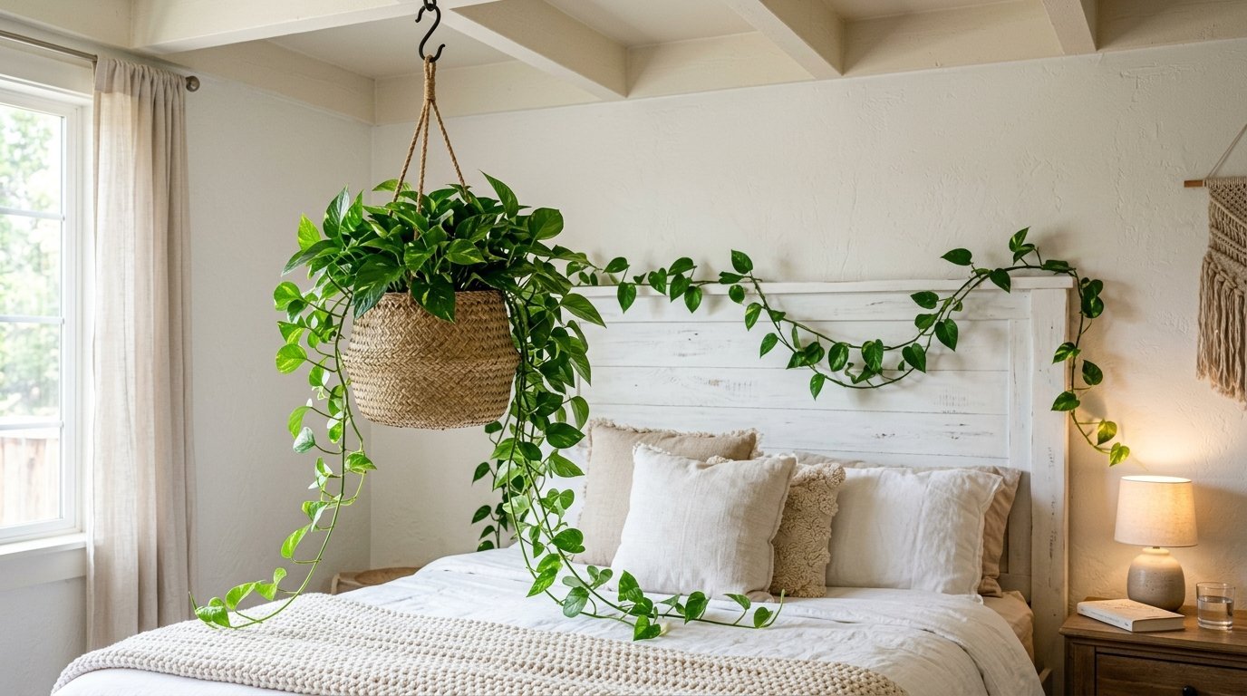 A pothos vine in a woven basket hangs over a white wooden headboard with trailing leaves draped across the top.