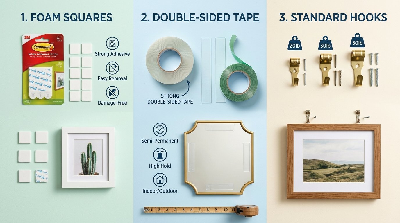 An infographic comparing command foam squares, double-sided tape, and standard metal wall hooks for hanging decor.