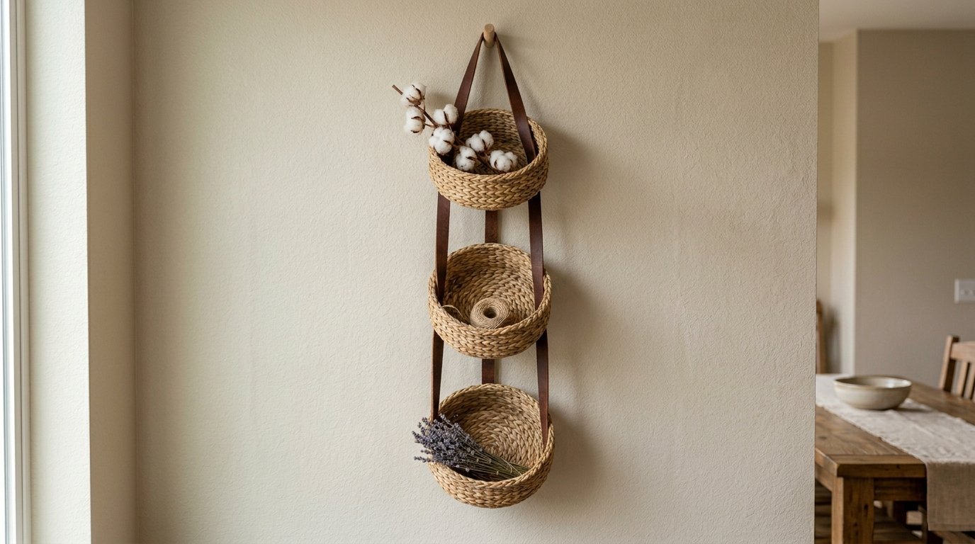Hanging wicker storage baskets with leather straps containing cotton stems, a twine ball, and dried lavender.