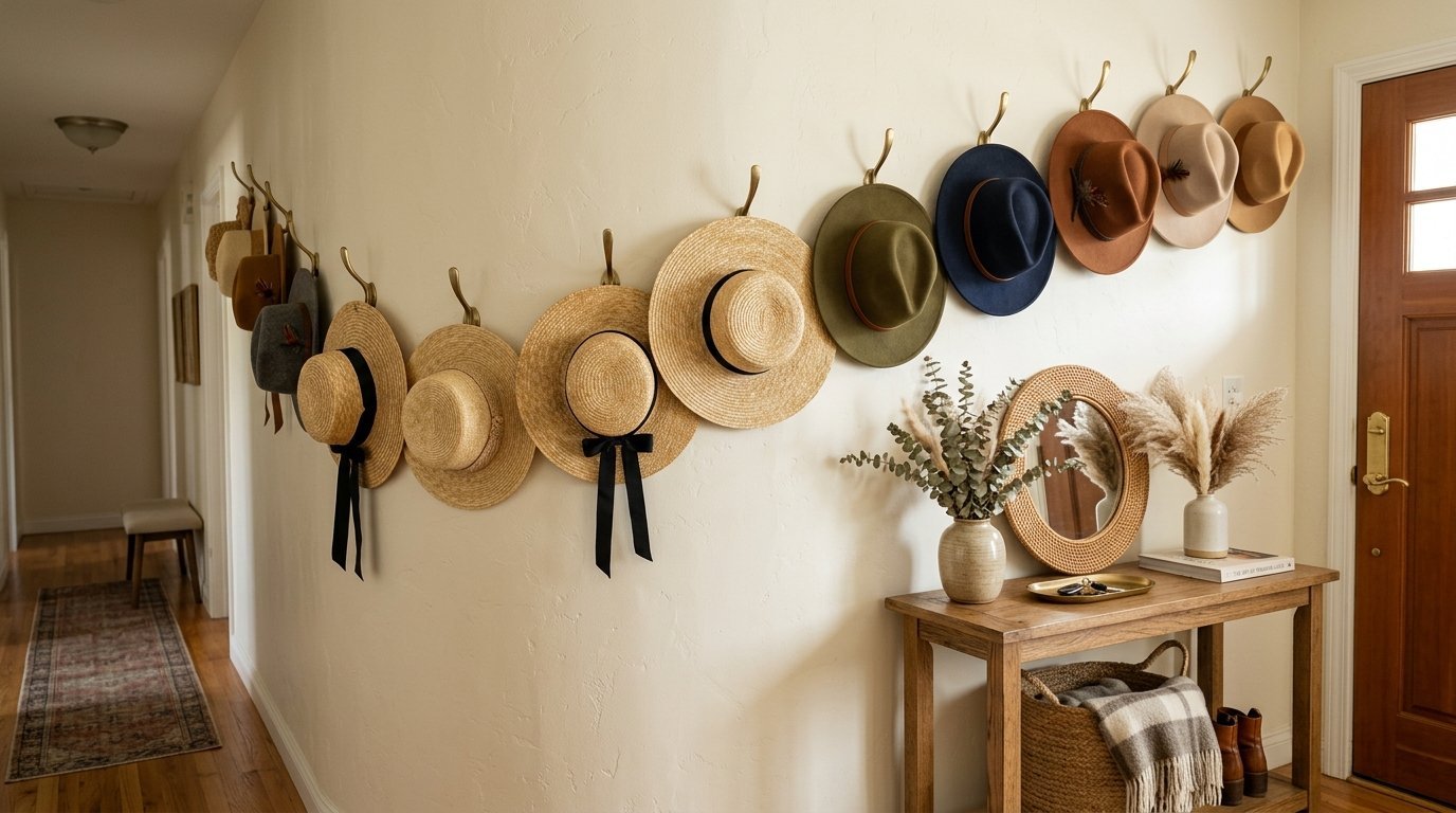 Row of varied brimmed hats hanging on a beige wall above a wooden console table with decor.