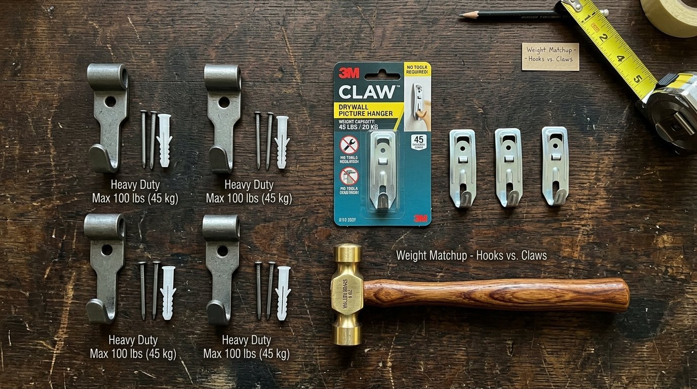 A wooden table displaying four heavy-duty metal wall hooks and a 3M Claw picture hanging kit with a brass hammer.
