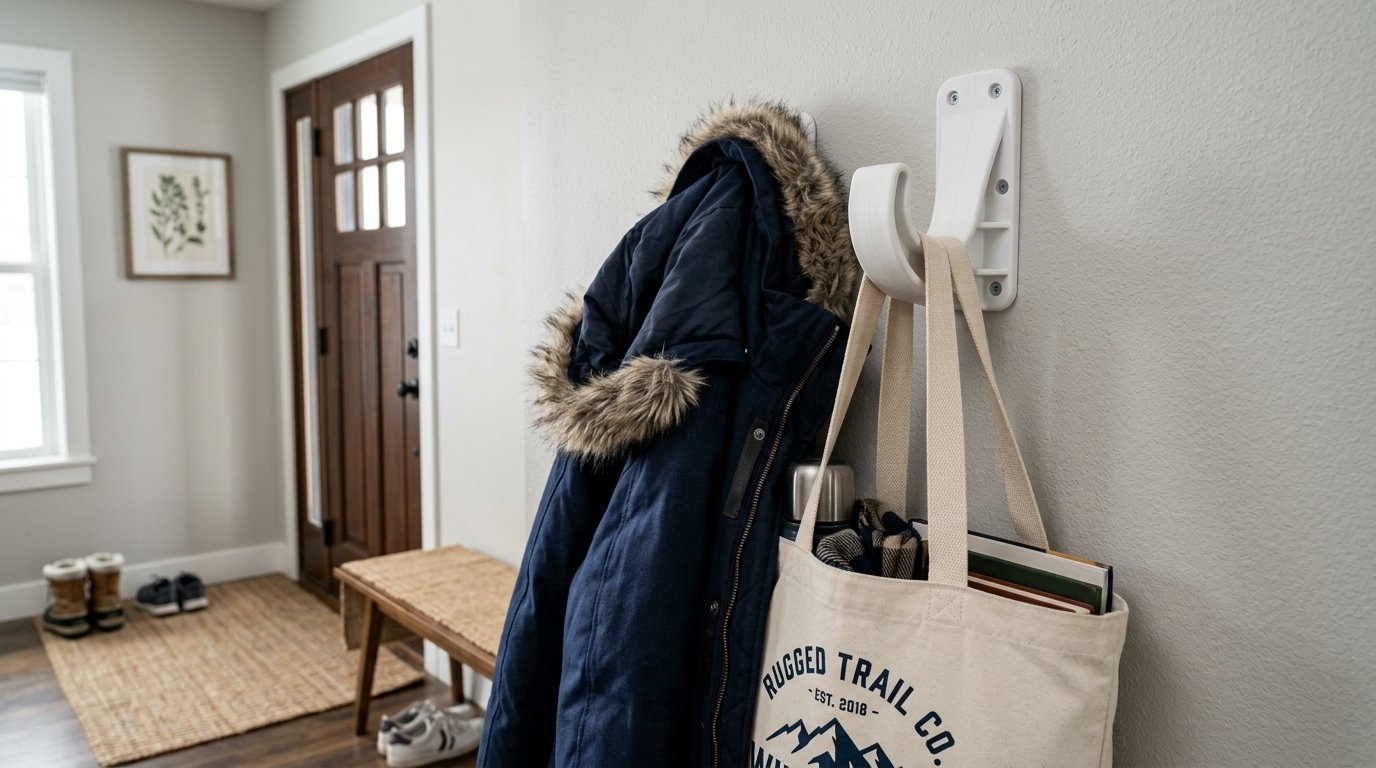 A white plastic utility hook mounted on a wall supporting a dark blue hooded parka and a cream canvas bag.