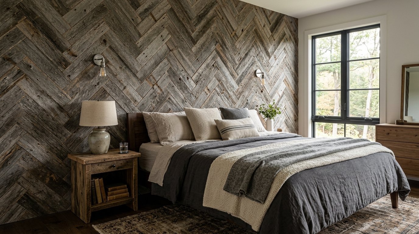 A bedroom with a grey herringbone reclaimed wood accent wall, a dark wood bed frame, and cozy neutral bedding.