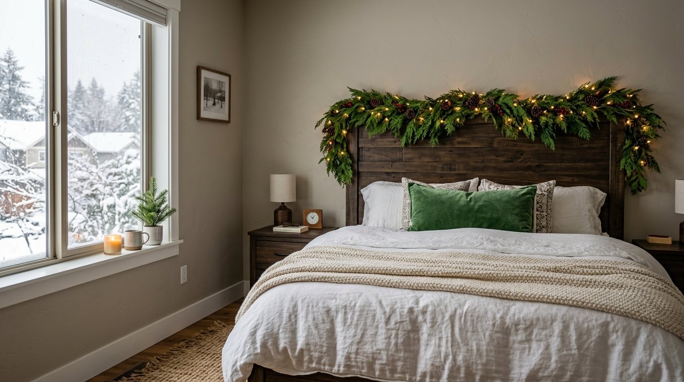 Rustic wooden headboard draped in a lit pine garland with green pillows in a bedroom overlooking a snowy yard.